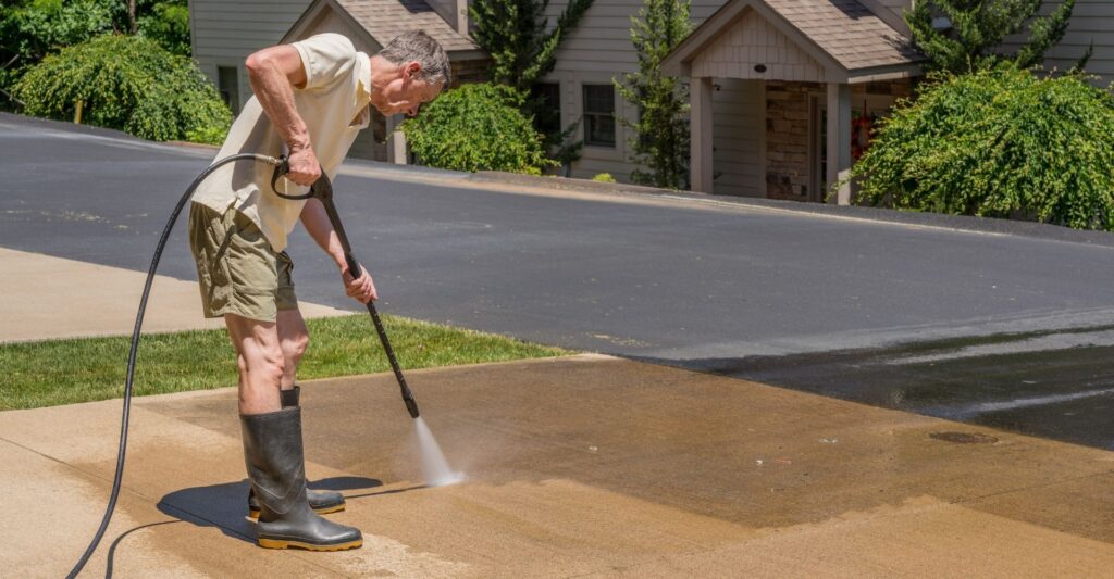 photo of man power washing driveway