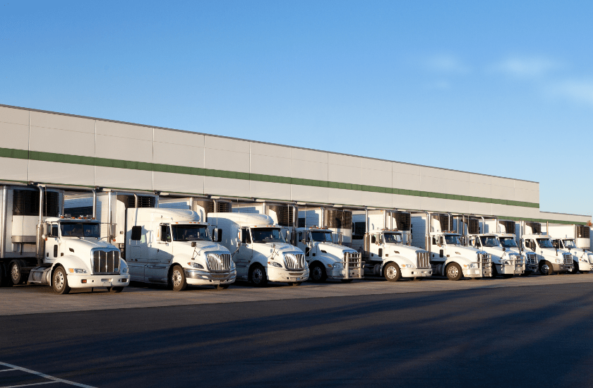 The exterior of a freshly painted distribution center. Several white semi-trucks are backed in to all the loading bays. The building is painted white with a green band running around the upper third.